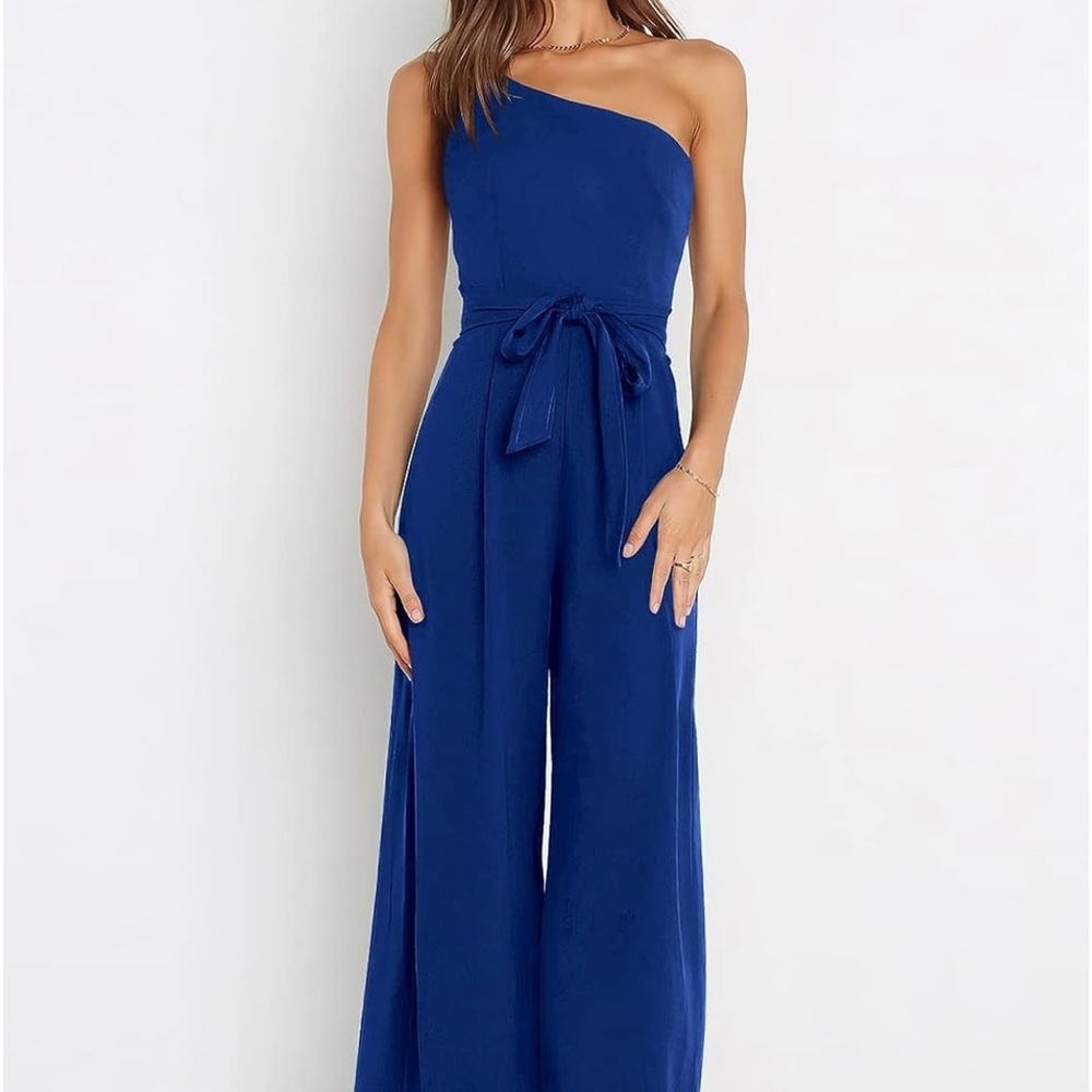 One shoulder jumpsuit with tie belt.